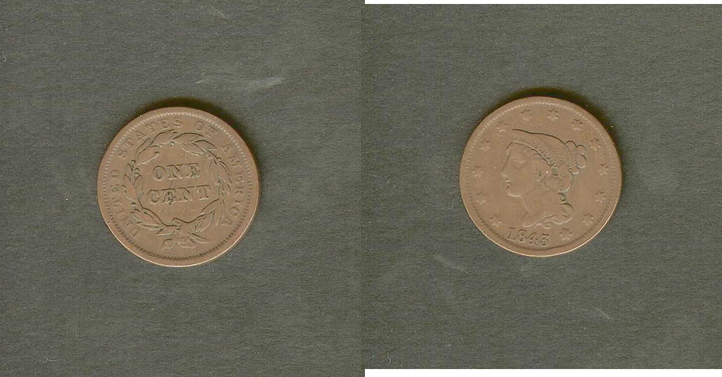 USA 1 cent Liberty  1843 aVF